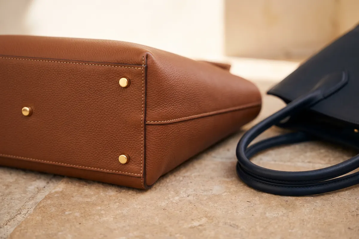 Pieds de base et coutures d’angle sur des cabas de luxe, là où un sac de travail s’use en premier
