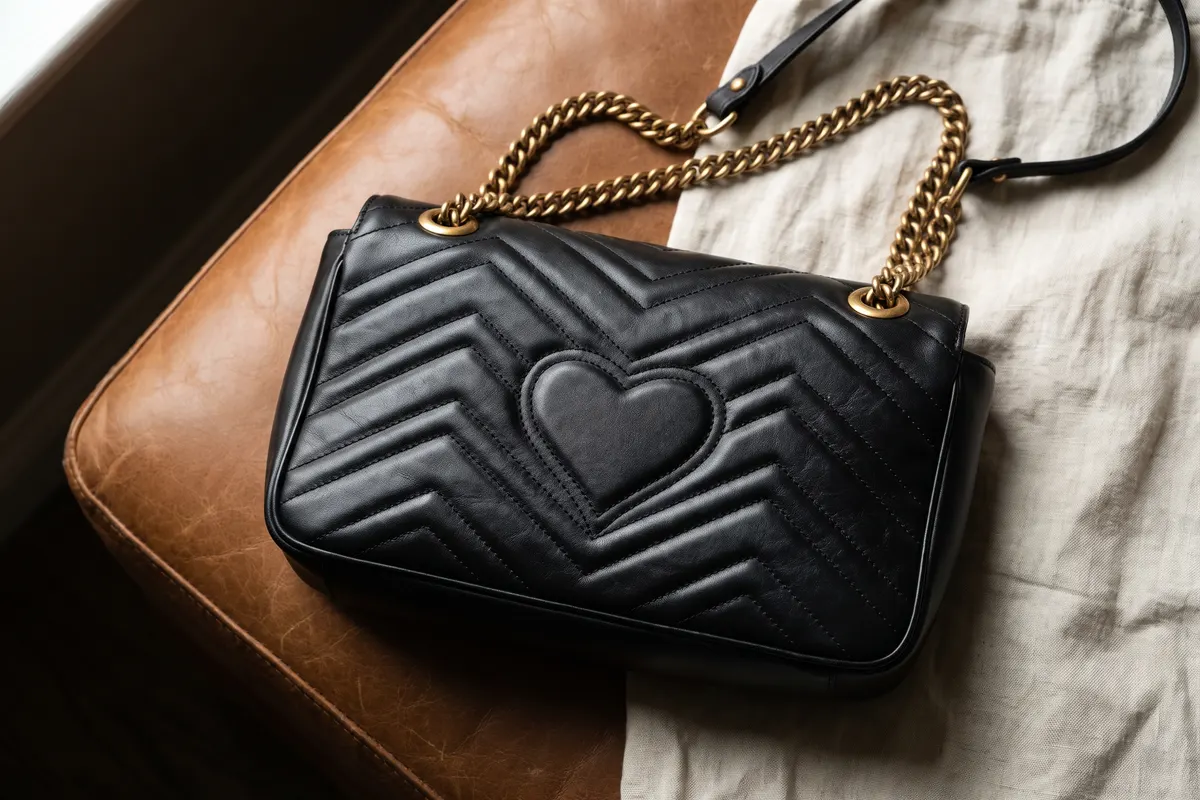 Cuore trapuntato sul retro di una borsa Gucci Marmont small con tracolla a catena