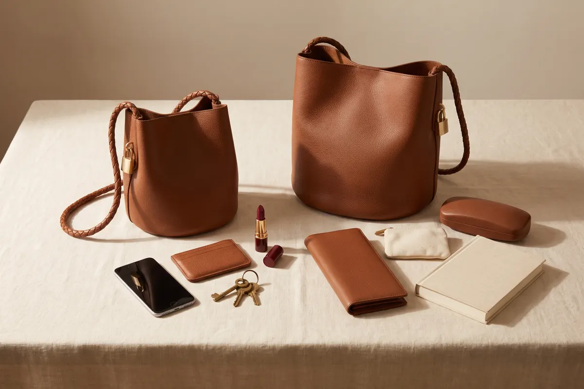 Composição vista de cima a comparar os tamanhos Picotin da Hermès, o 18 e o 22, com o conteúdo do dia a dia ao lado de cada mala