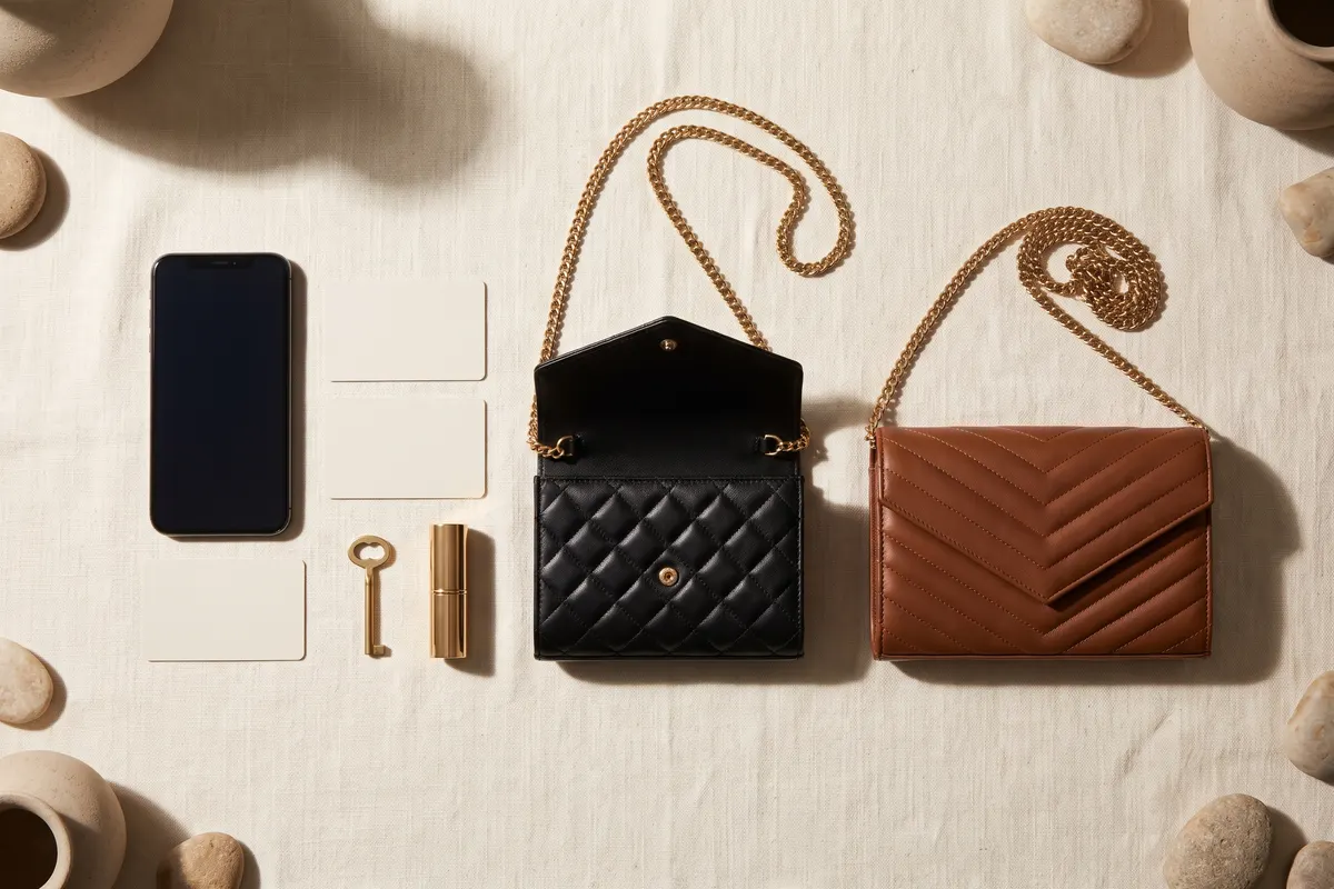 Flatlay: was in eine Chanel Wallet on Chain passt, im Vergleich zu einem größeren Modell von Saint Laurent