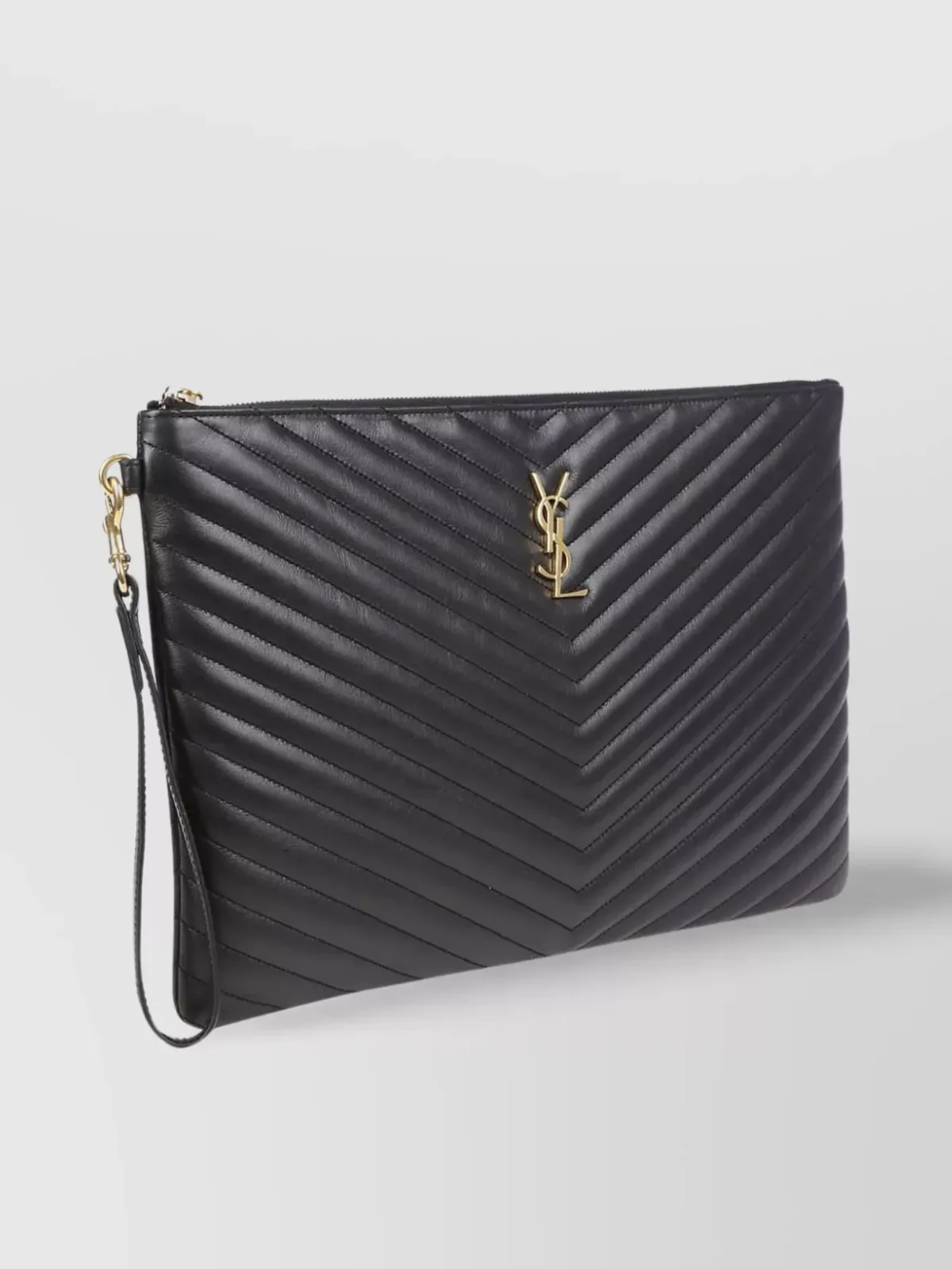 Saint Laurent Cassandre Pouch aus schwarzem Kalbsleder mit Chevron-Steppung, flaches Profil der Pouch