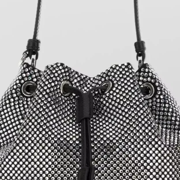 Prada Embellished Satin Bucket Bag in Black, detail