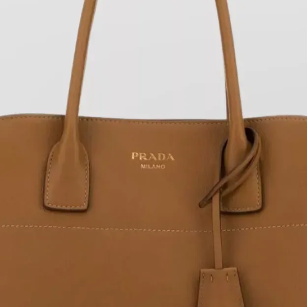 Prada Medium Leather Top Handle Bag in Camel, detail