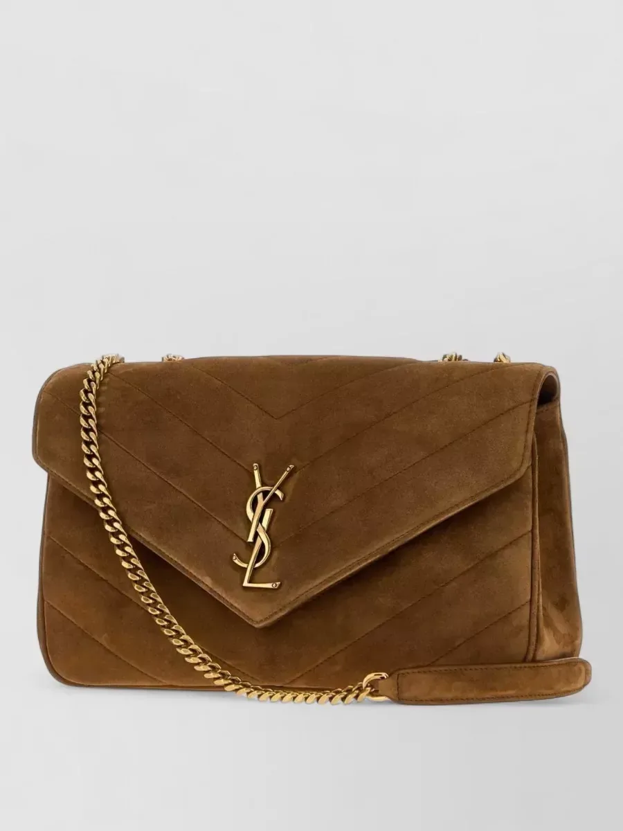 Saint Laurent Loulou Medium Chain Bag in Brown Quilted Suede