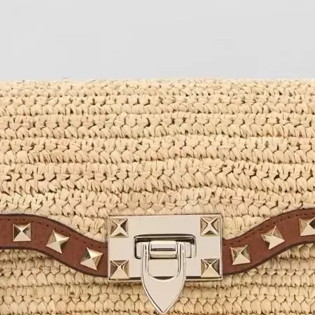 Valentino Garavani Studded Raffia Clutch in Beige, detail