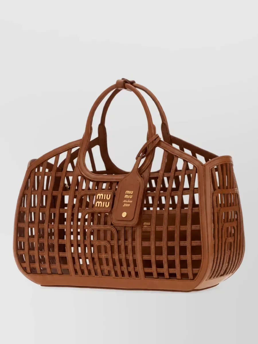 Cabas Miu Miu en cuir tressé, marron, photo 1