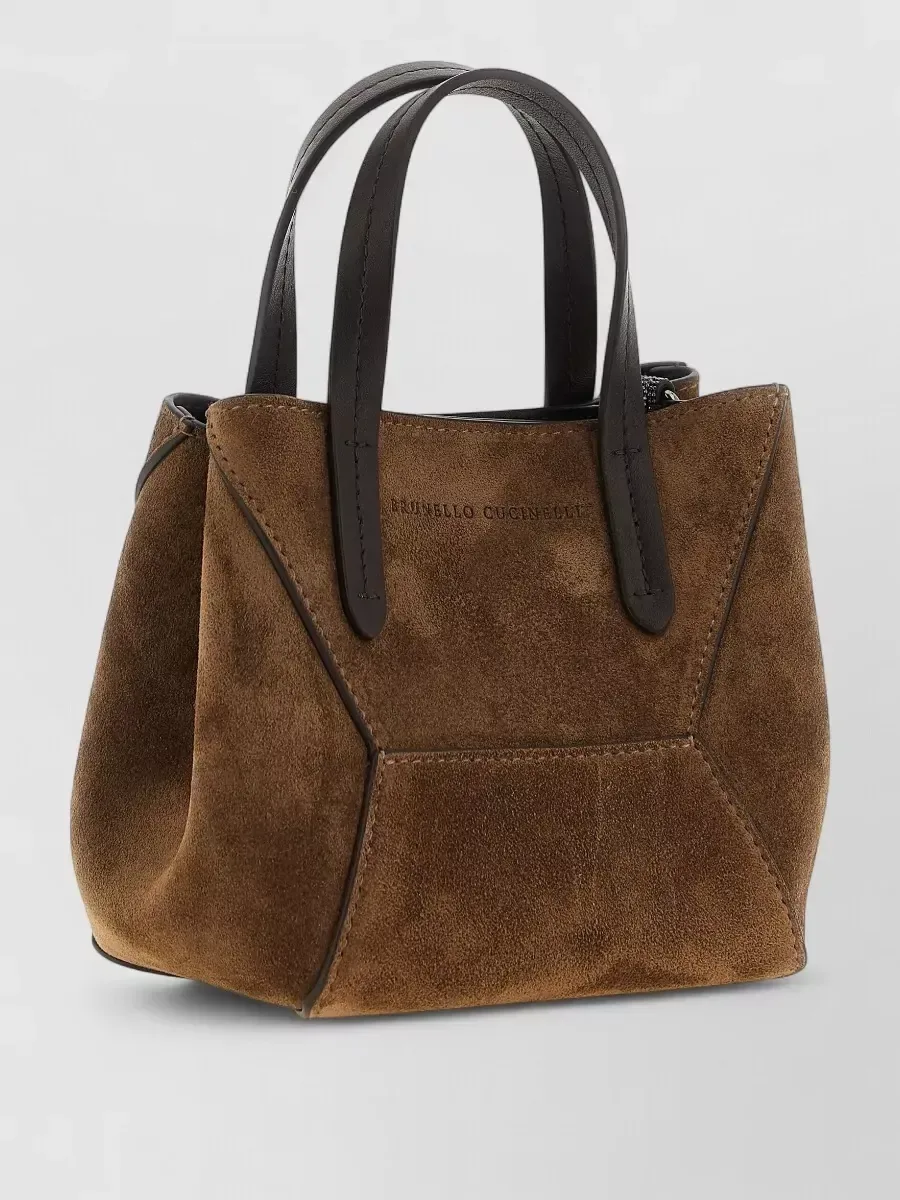 Mini tote Brunello Cucinelli in camoscio e pelle marrone, foto 1