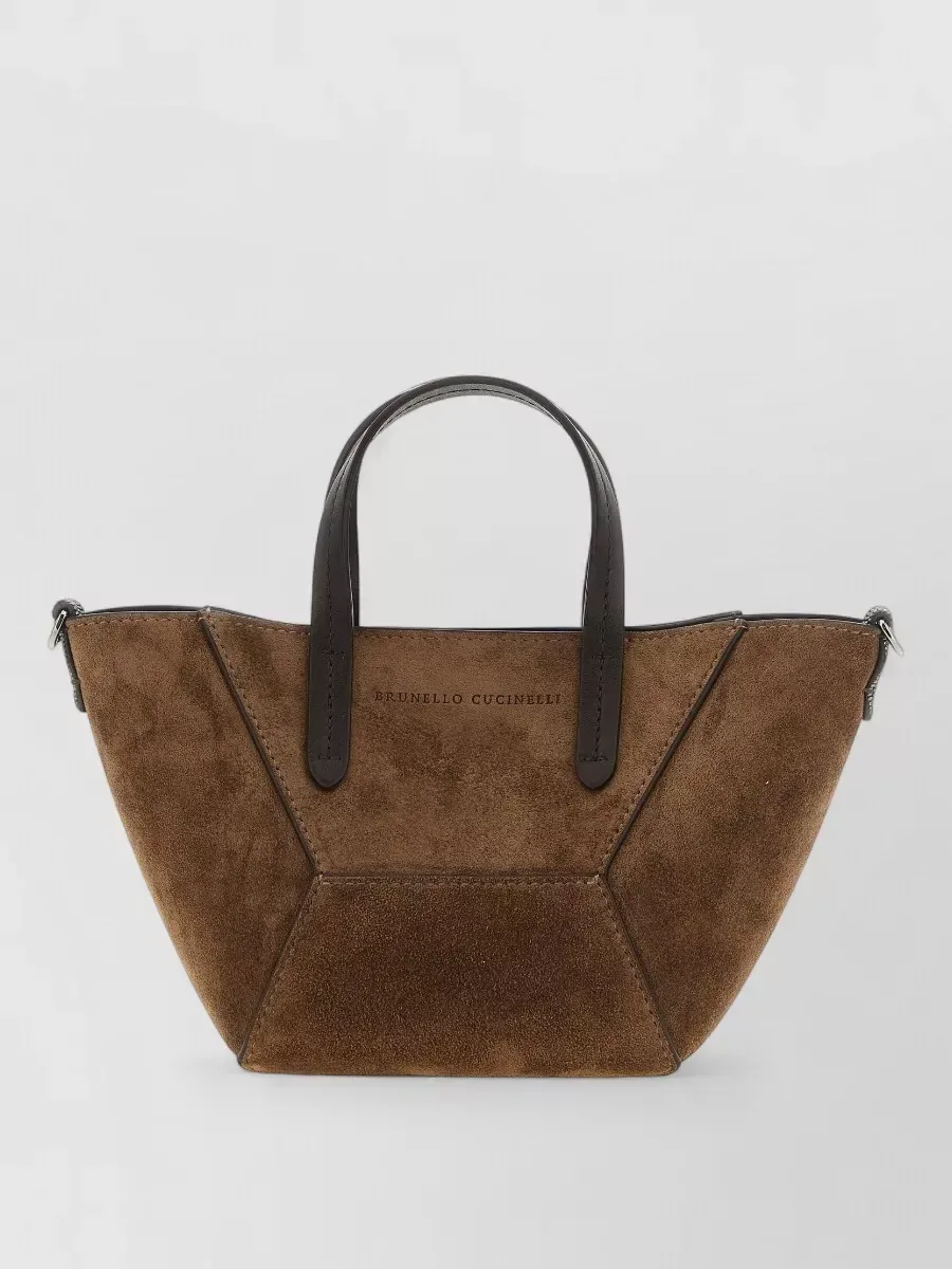 Mini tote Brunello Cucinelli in camoscio e pelle marrone, foto 2