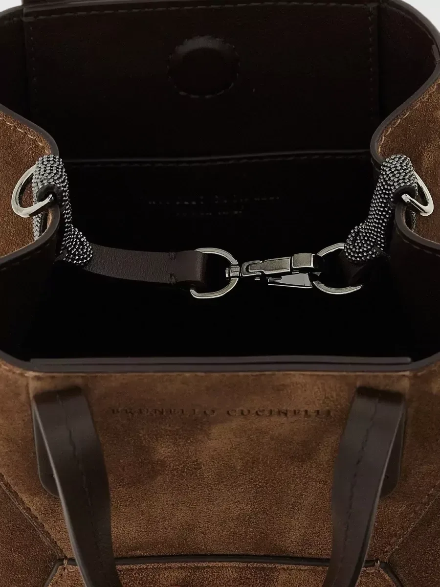 Mini tote Brunello Cucinelli in camoscio e pelle marrone, foto 4
