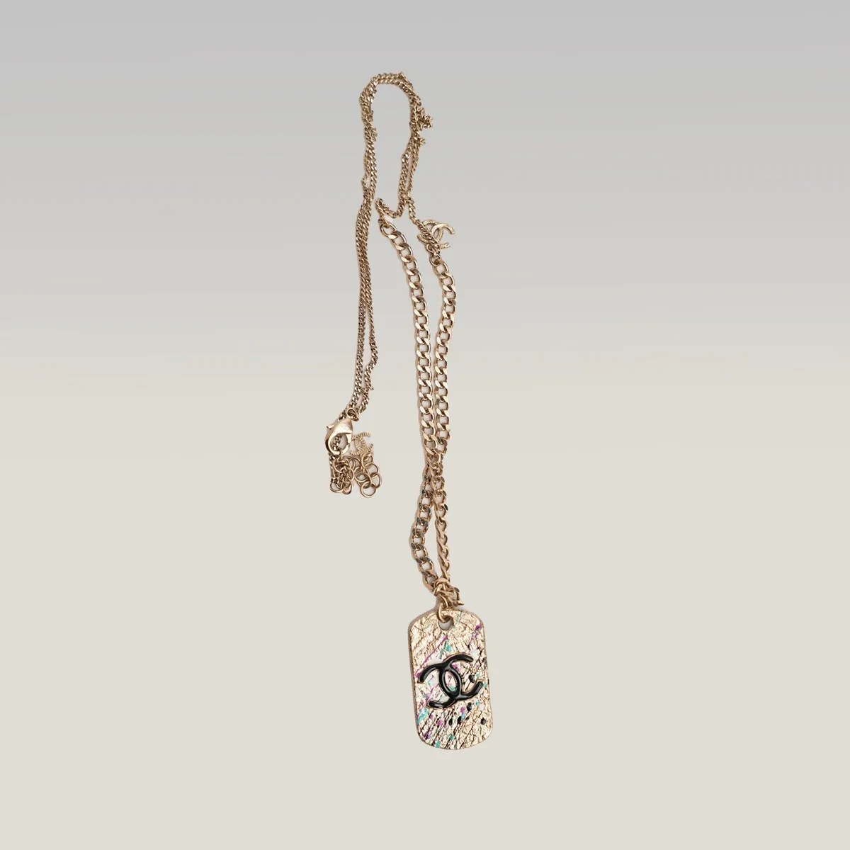 Chanel Long CC Dog Tag Necklace in Antique Gold, photo 1