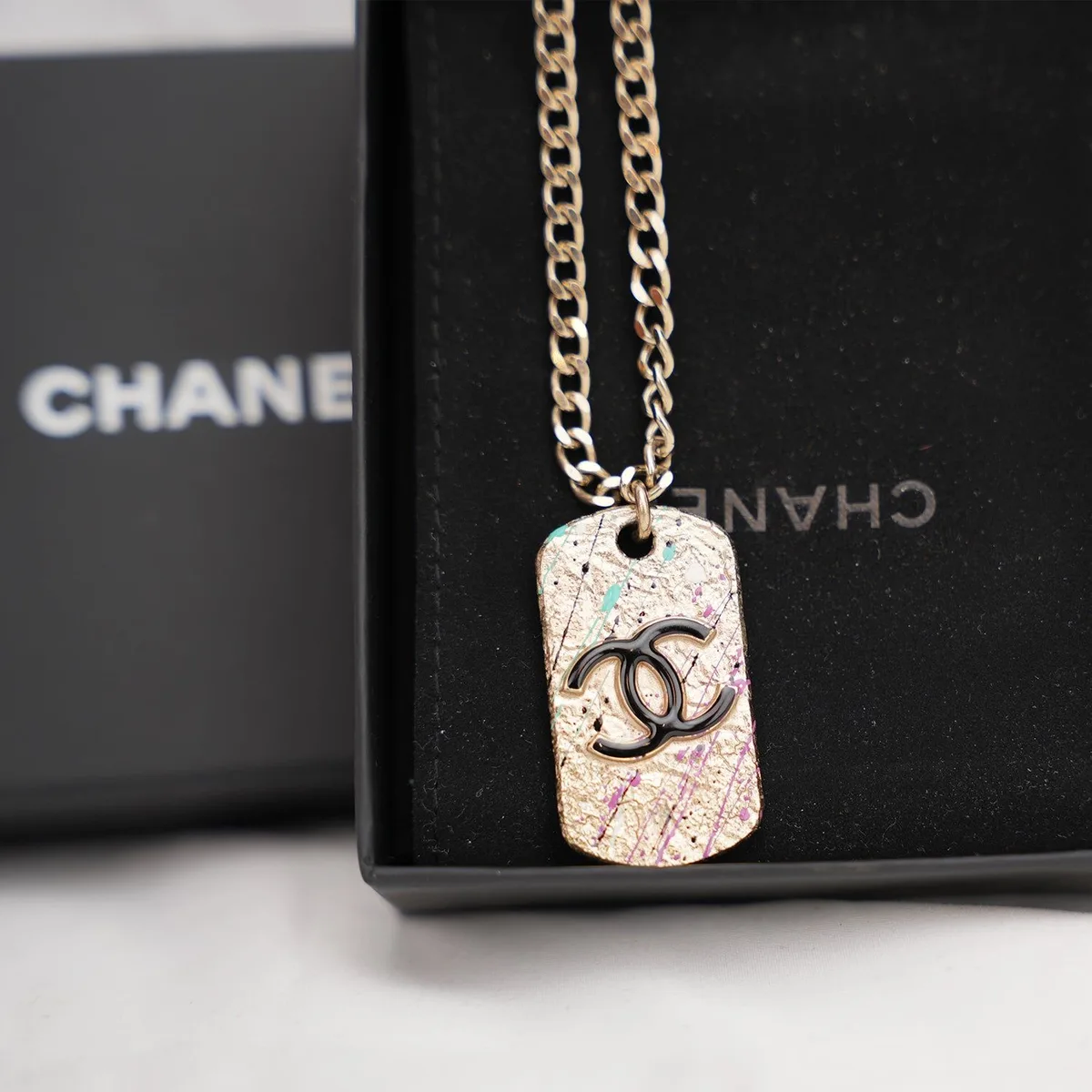 Chanel Long CC Dog Tag Necklace in Antique Gold, photo 2