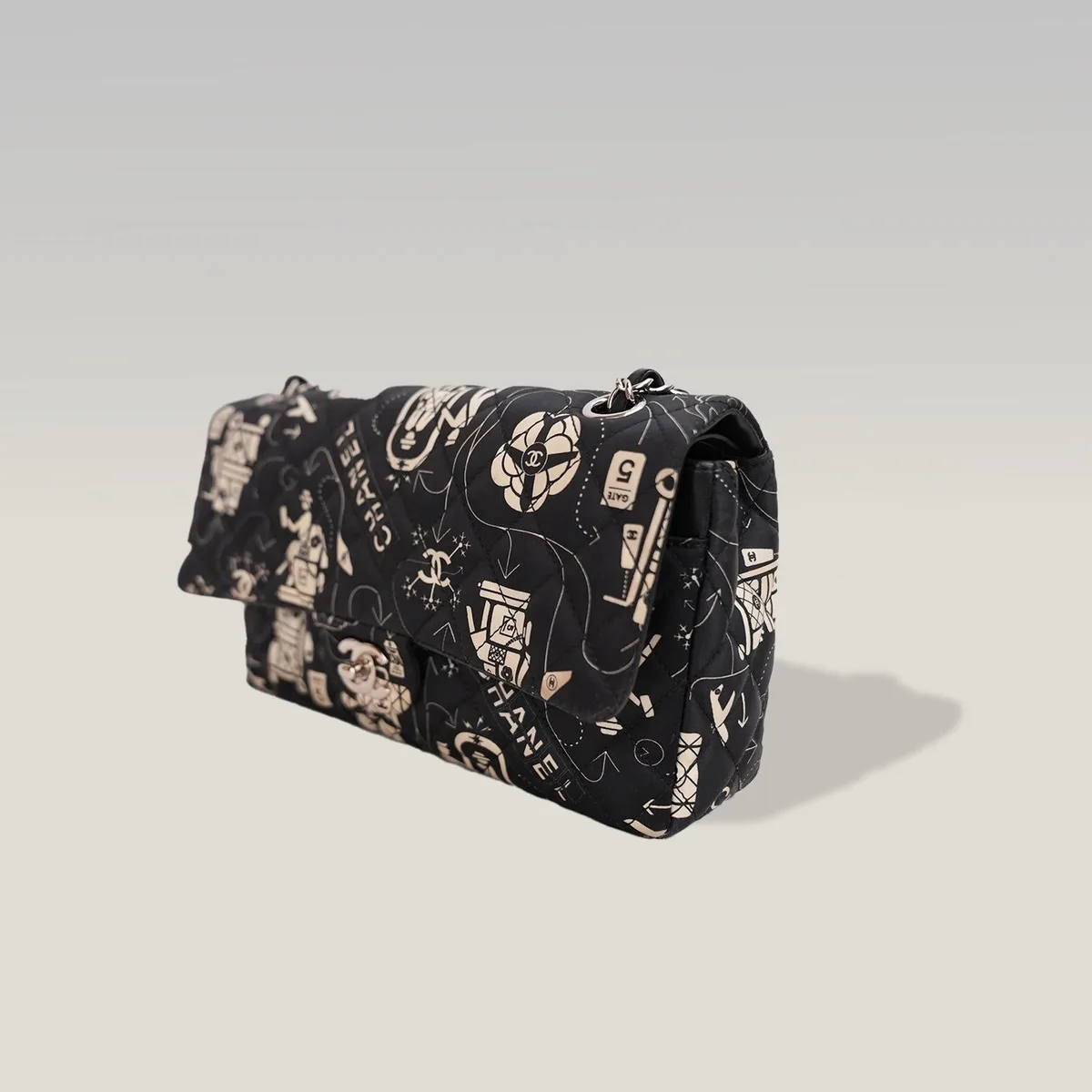 Chanel Classic Flap Medium Airlines Limited Edition in Black Printed Satin