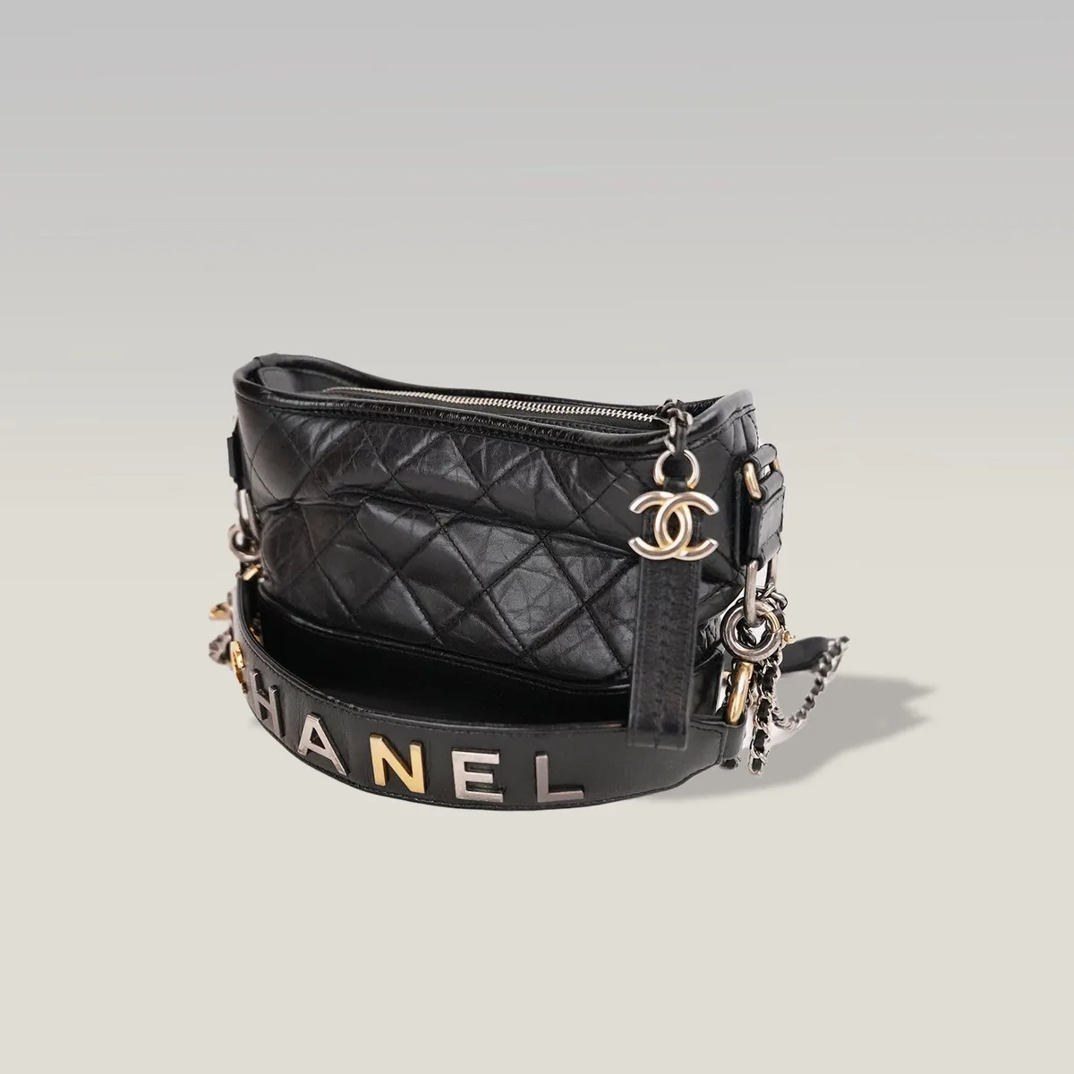 Chanel Gabrielle Hobo Small in Black Quilted Calfskin with Multicolour Chain