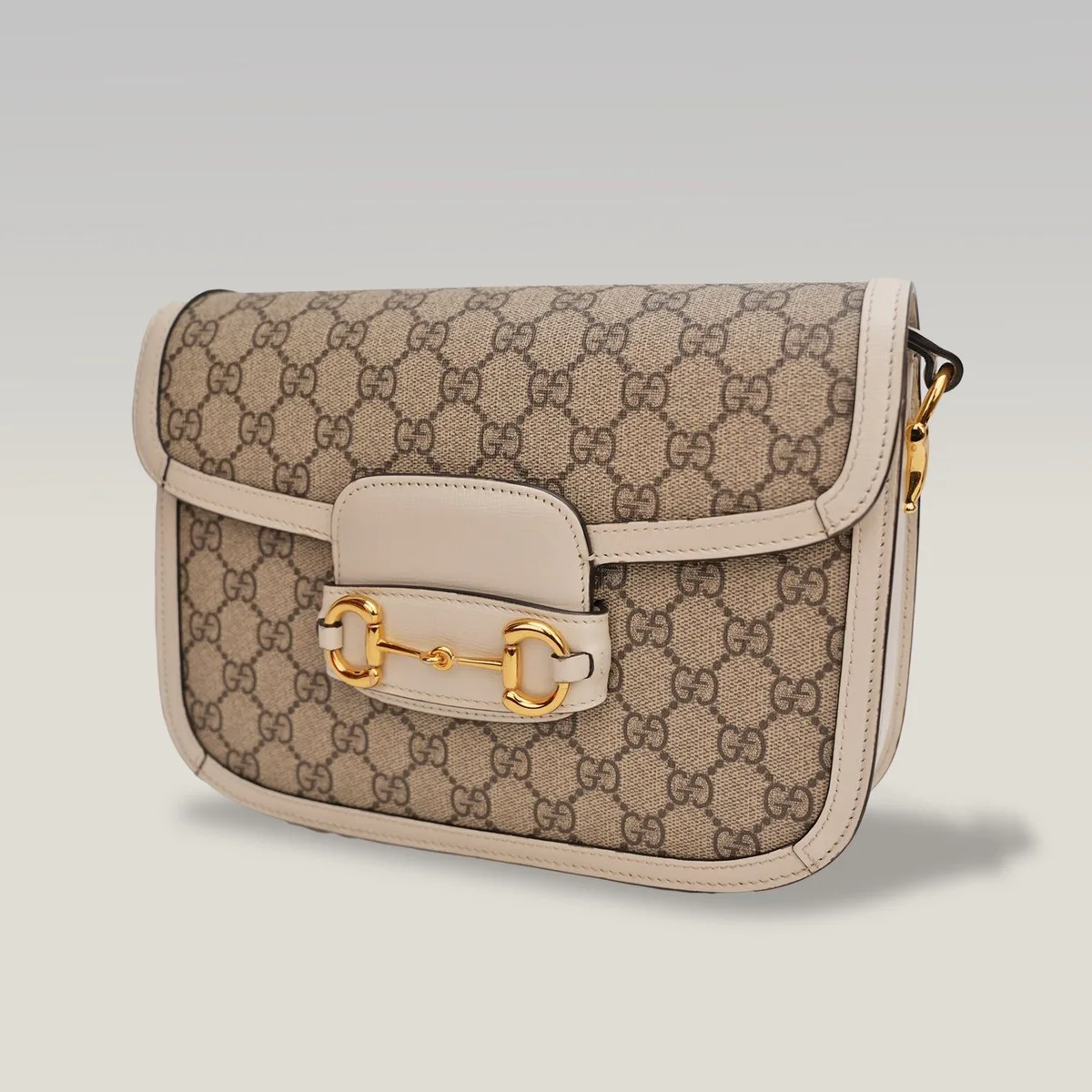 Gucci Horsebit 1955 Shoulder Bag in Beige GG Canvas with White Leather Trim