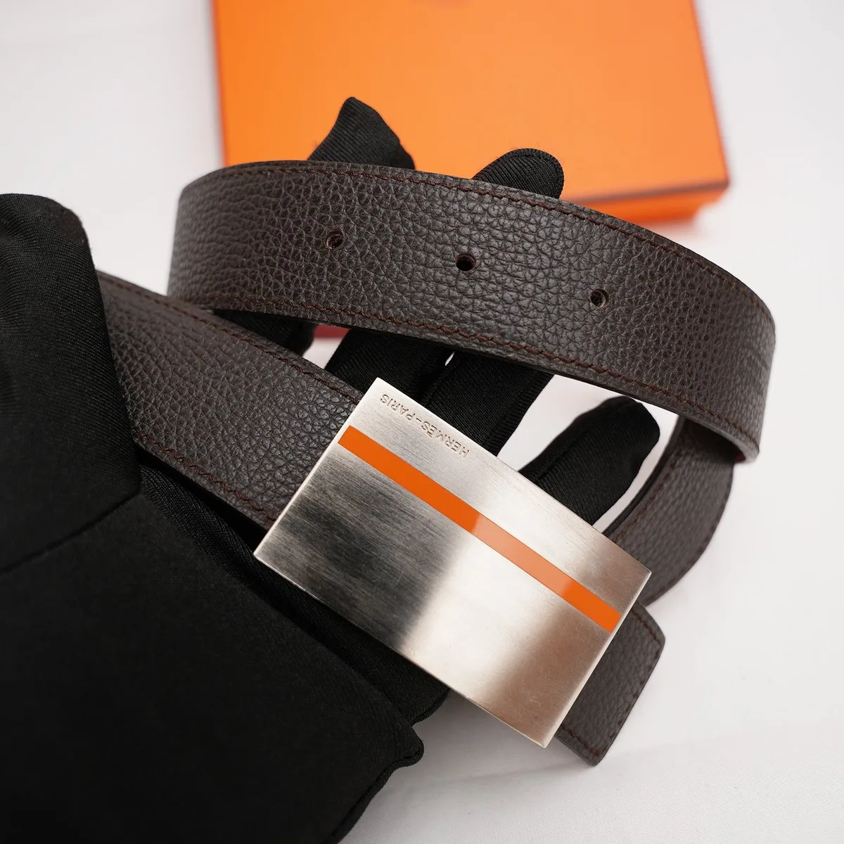 Cintura Hermès in pelle a grana marrone, foto 4