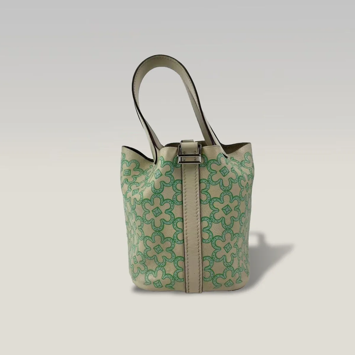 Hermès Picotin Lock 14 Micro in Cream Leather with Green Floral Print and Palladium Hardware