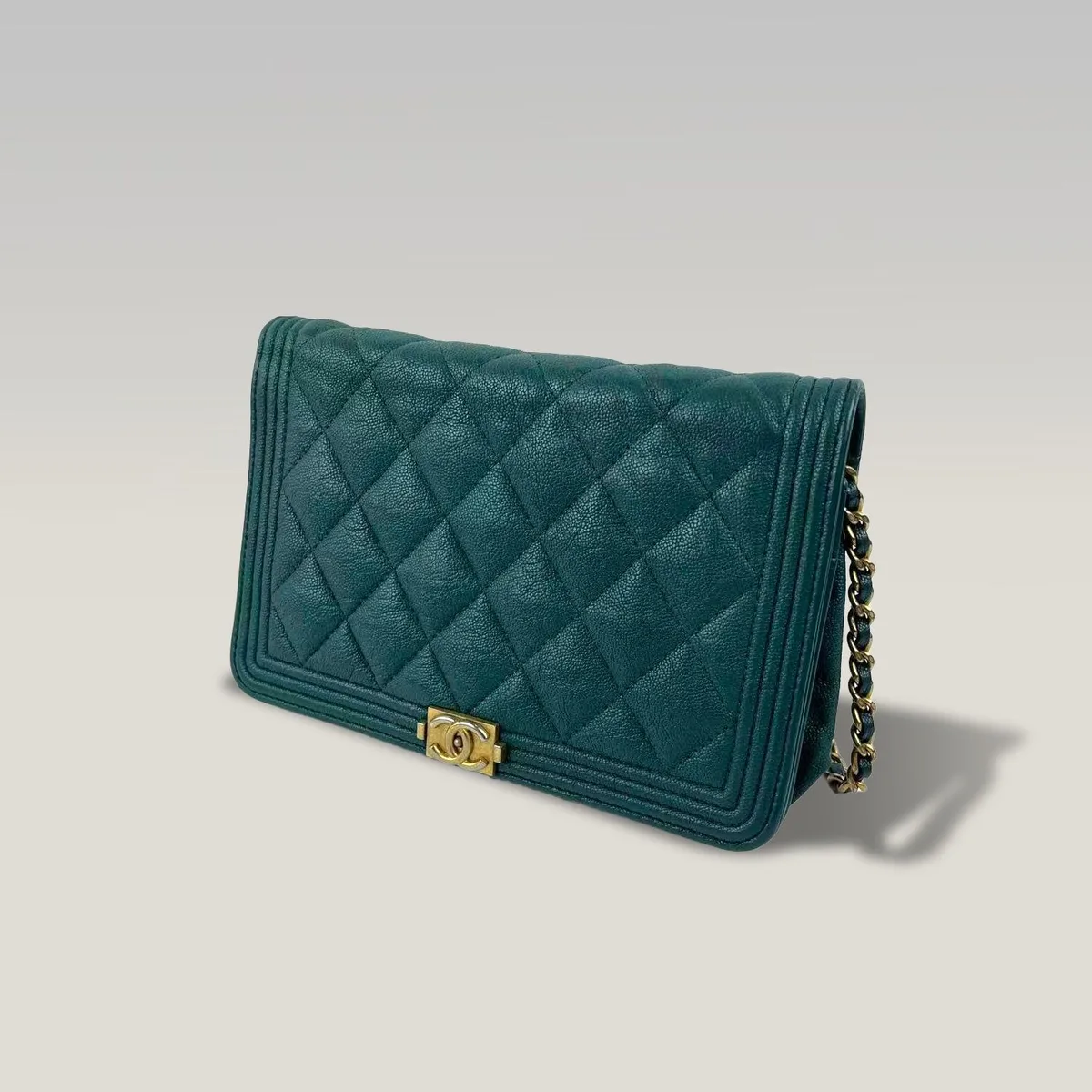 Chanel Boy Wallet on Chain in Green Quilted Caviar Leather with Gold-Tone Hardware