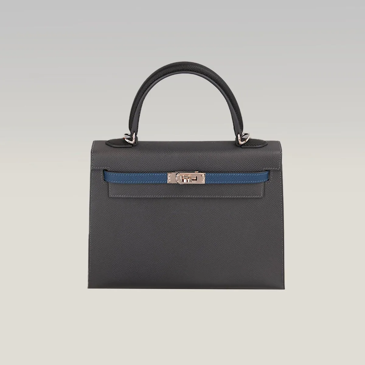 Hermès Kelly 25 Sellier in Smoke Grey and Blue Epsom Leather with Palladium Hardware