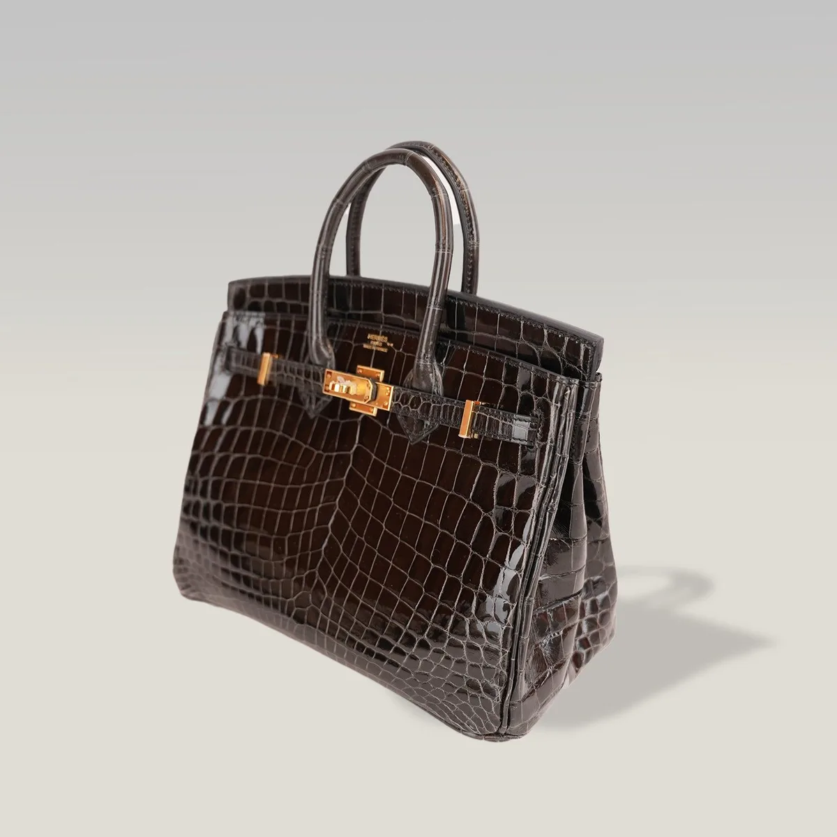 Hermès Birkin 25 Vintage in Graphite Grey Shiny Crocodile with Gold Hardware