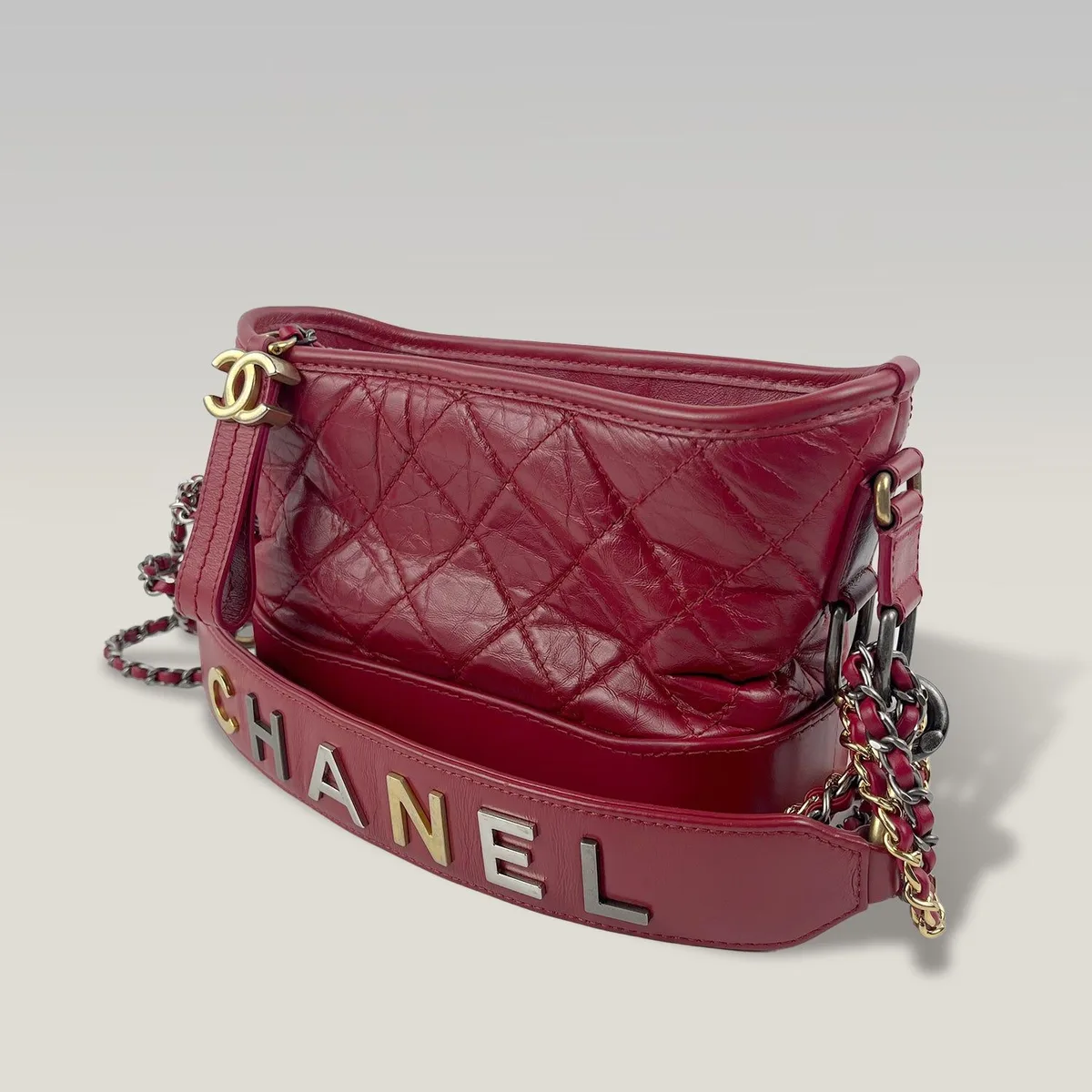 Chanel Gabrielle Hobo Small in Red Quilted Aged Calfskin with Chanel Logo Strap