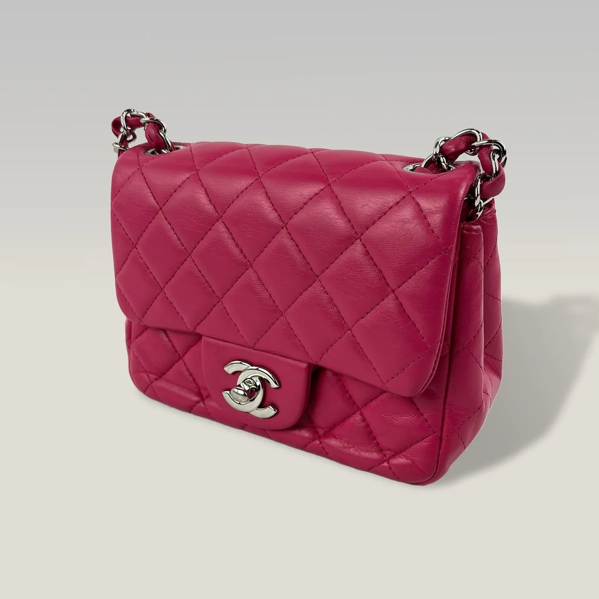 Chanel Mini Square Classic Flap in Fuchsia Pink Lambskin with Silver-Tone CC Turn-Lock