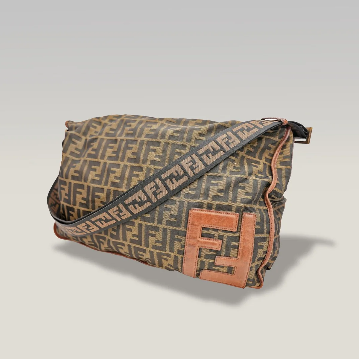 Fendi FF Monogram Shoulder Bag in Brown Canvas with Leather Trim