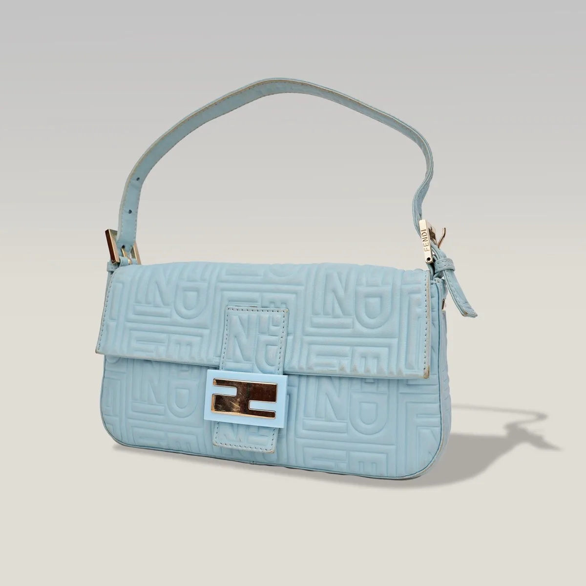 Fendi Sky Blue Leather Shoulder Bag with Embossed FF Logo