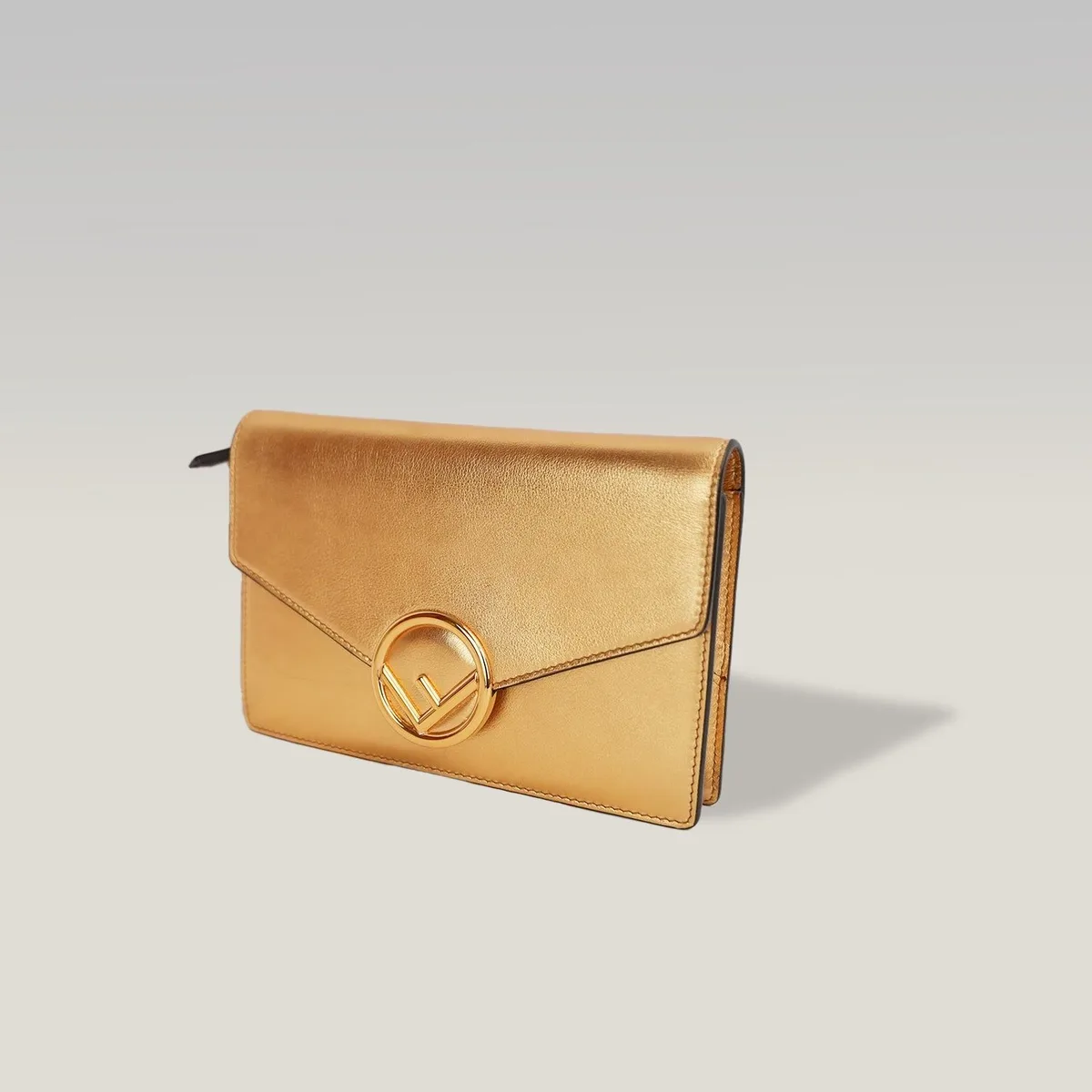 Fendi Wallet on Chain in Gold Metallic Leather with Gold-Tone Logo Hardware