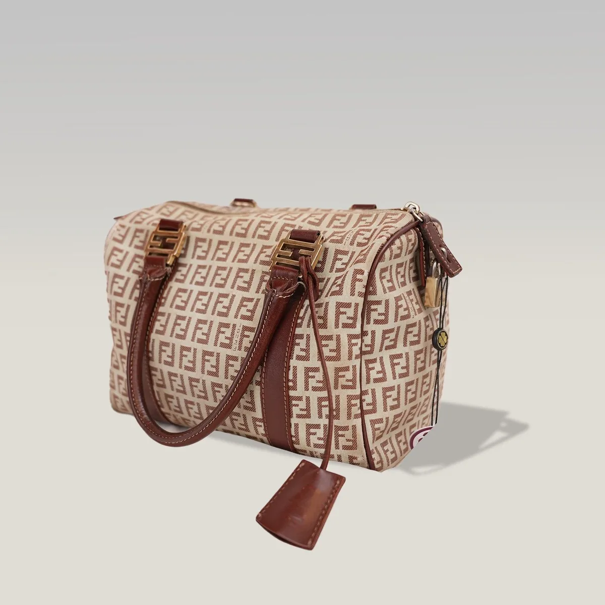 Fendi Vintage Zucchino Boston Bag in Beige FF Canvas with Brown Leather
