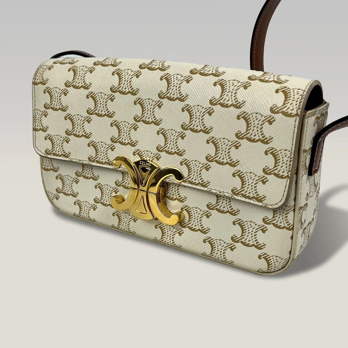 Celine Triomphe Shoulder Bag in White Macadam Coated Canvas with Gold-Tone Clasp
