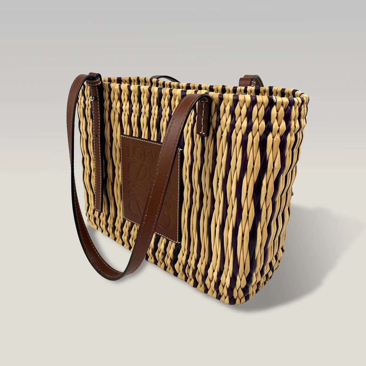 Loewe Small Tote in Woven Raffia, Beige and Purple with Brown Leather