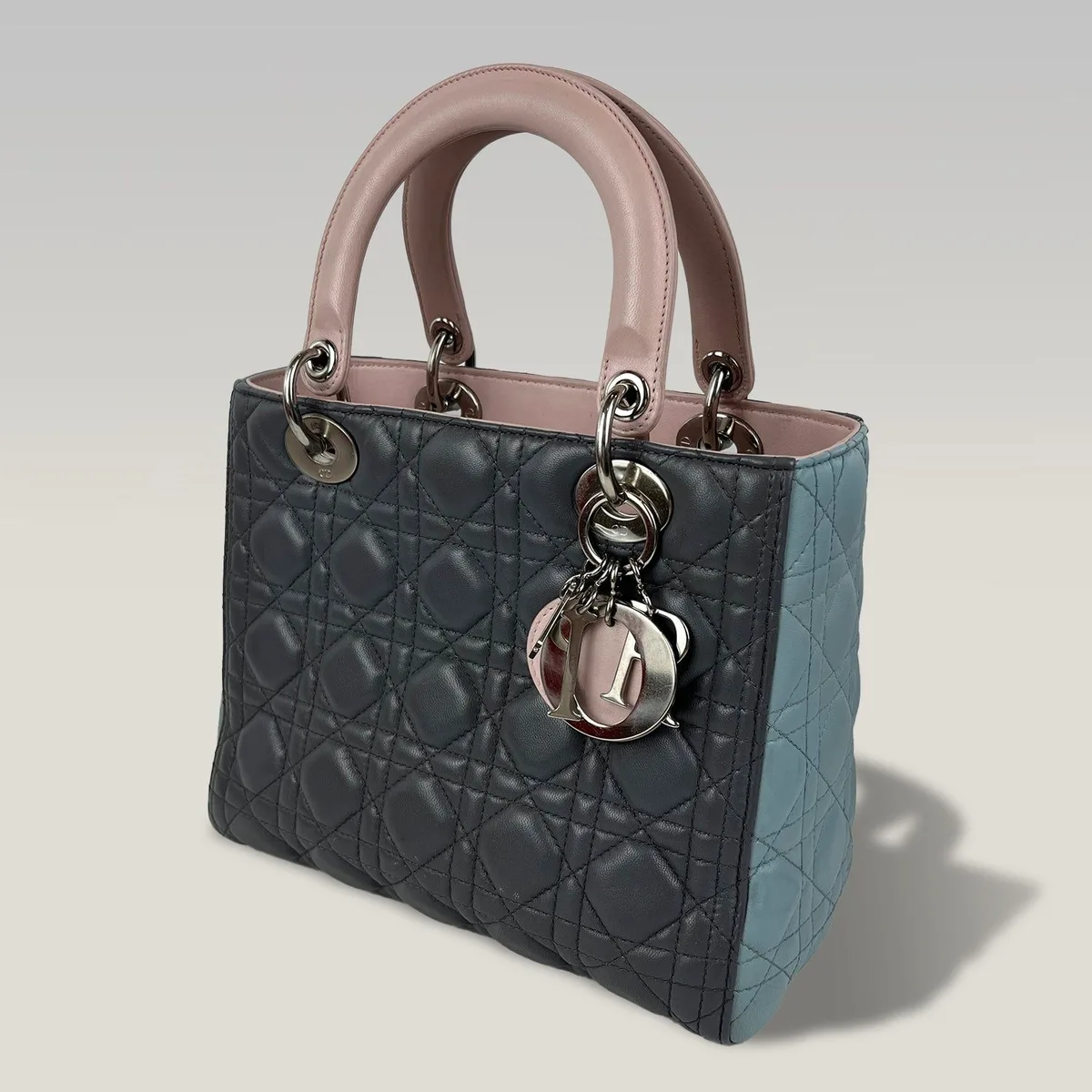 Dior Lady Dior Medium in Black and Light Blue Cannage Leather with Powder Pink Trim