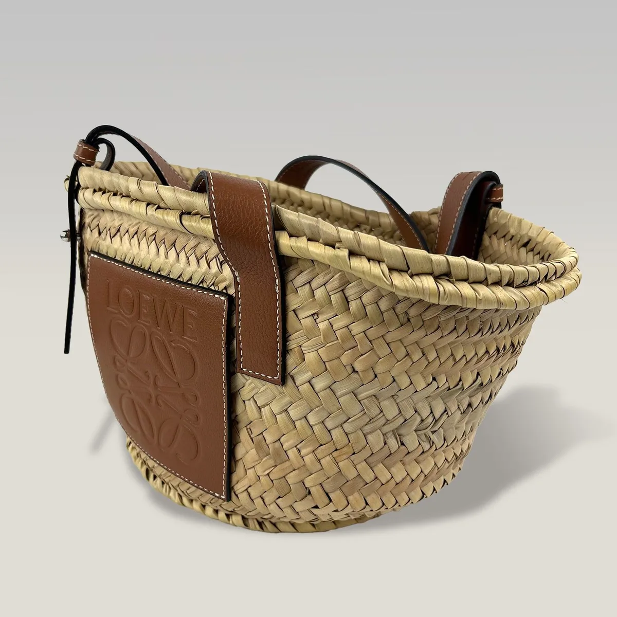 Loewe Small Basket Bag in Natural Palm and Tan Calf Leather, 21 cm