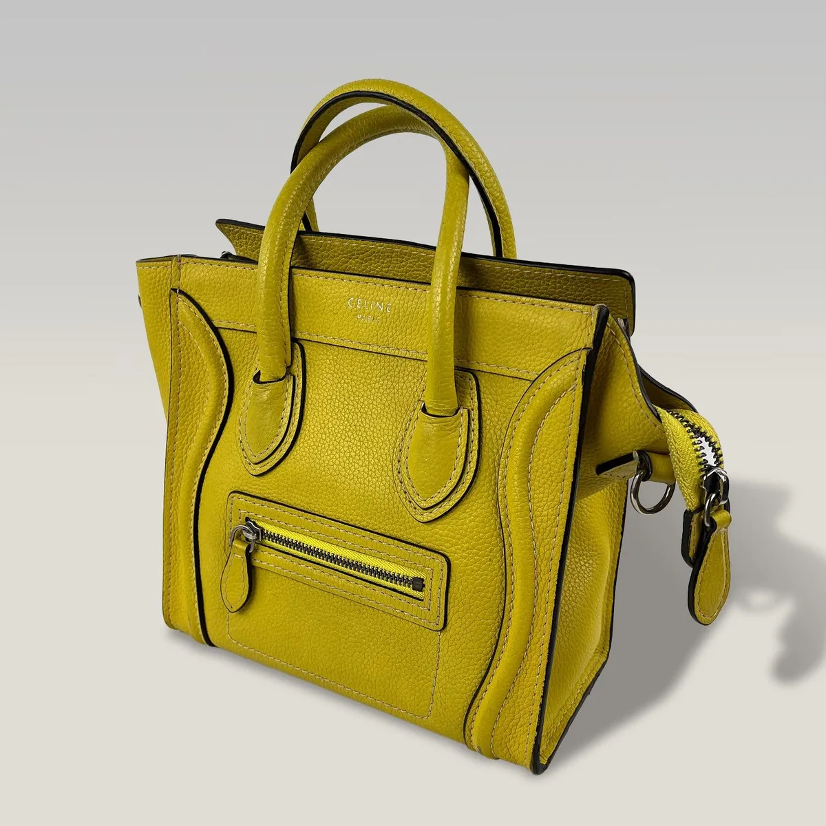 Pre-owned Celine Nano Luggage tote in yellow grained leather, the architectural sister of the Celine Triomphe bag