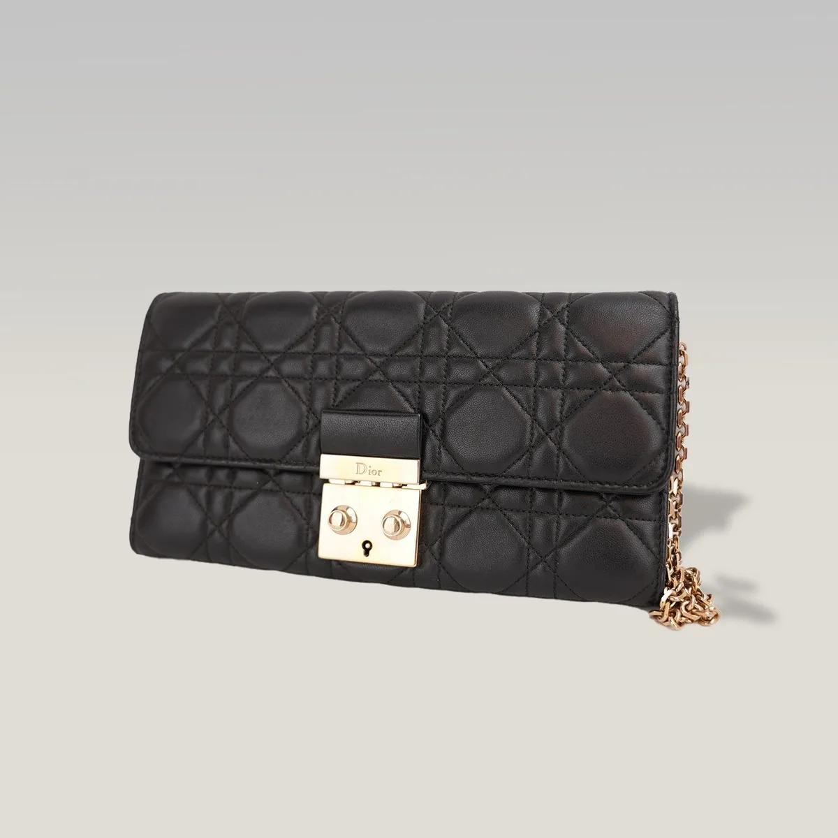 Dior Miss Dior Promenade Wallet on Chain in Black Cannage Lambskin with Gold-Tone Chain