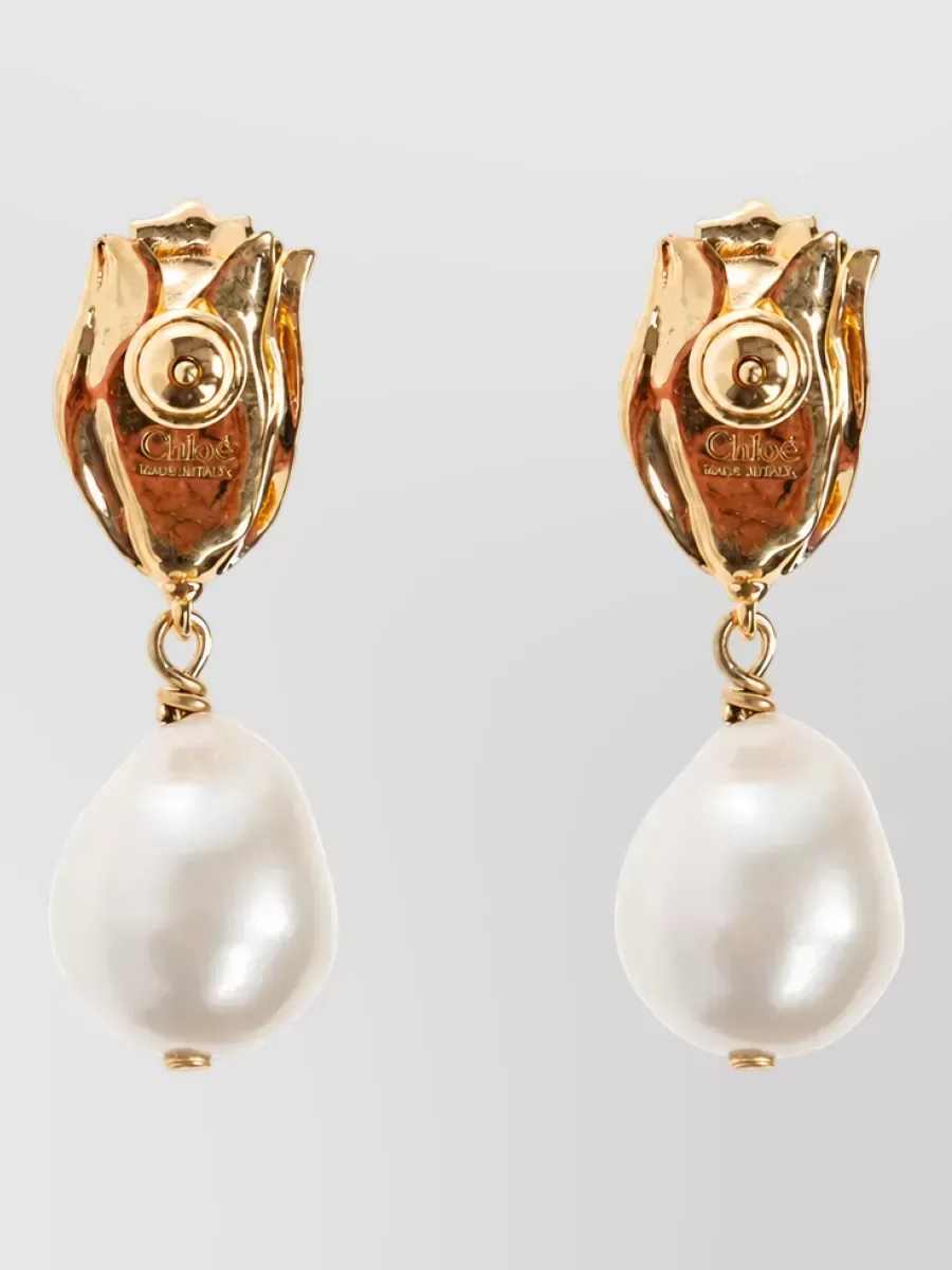 Chloé珍珠花朵吊坠耳环 金色，图1