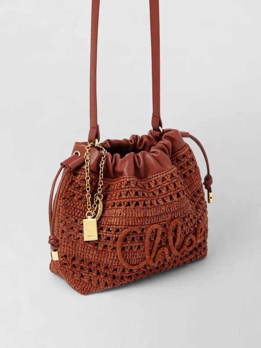 Mini borsa a secchiello Chloé in rafia marrone, foto 4
