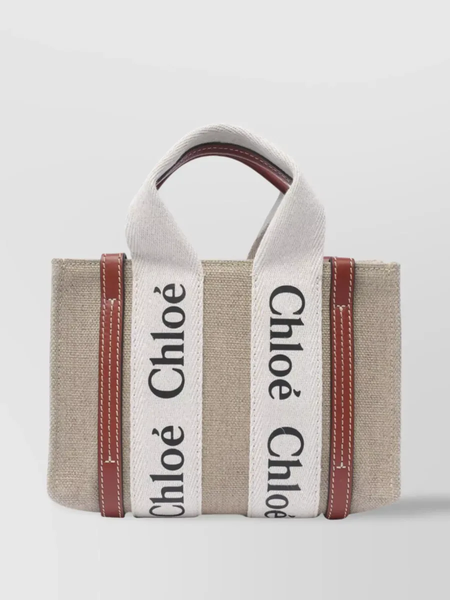 Chloé Woody Mini Tote Bag in Beige Linen and Calf Leather