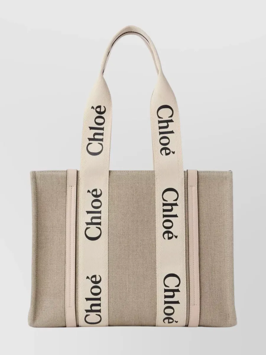 Chloé Woody medium tote bag in beige linen with brown calf leather handles