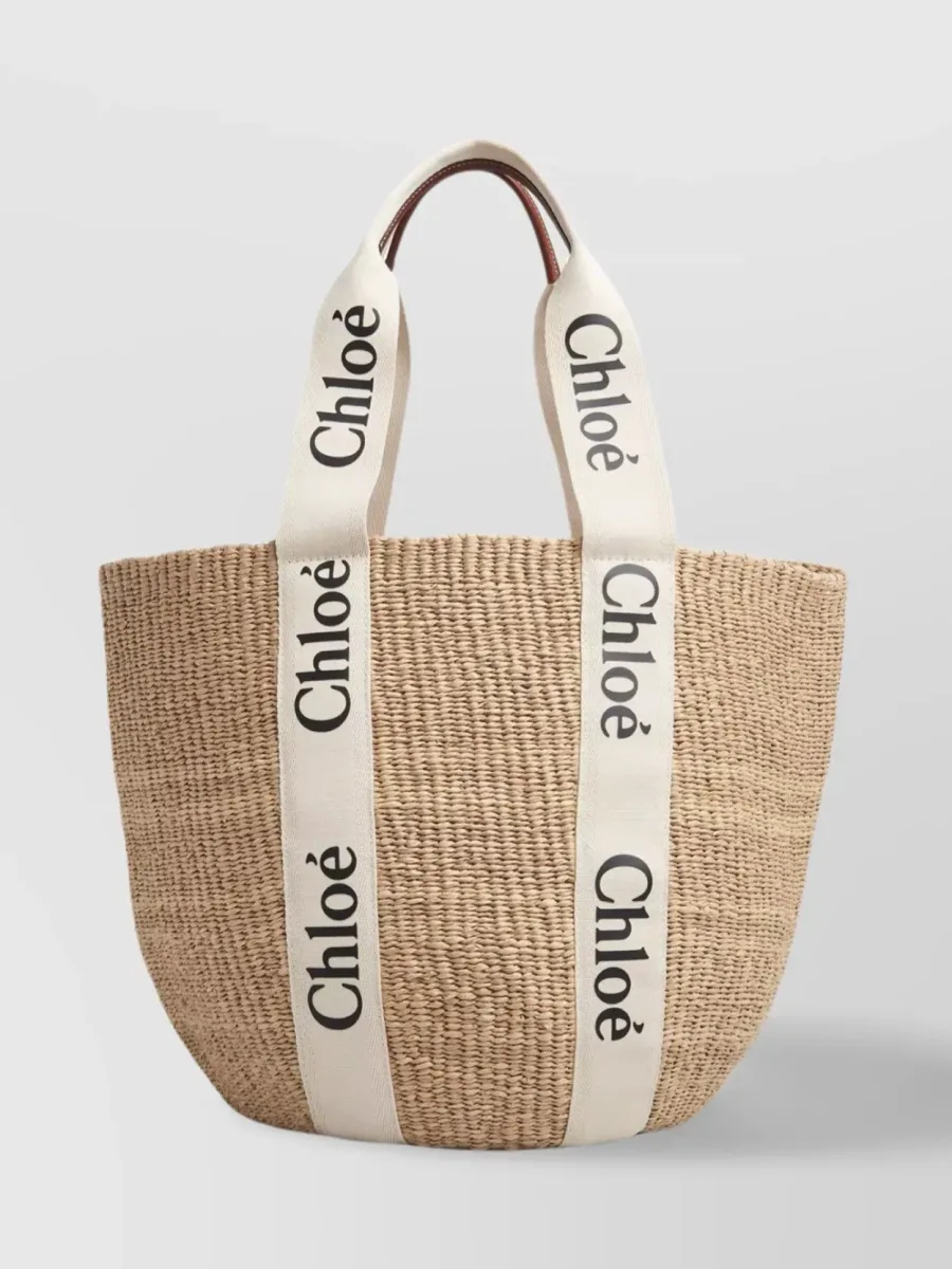 Chloé Woody Large Tote Bag in Beige Woven Paper