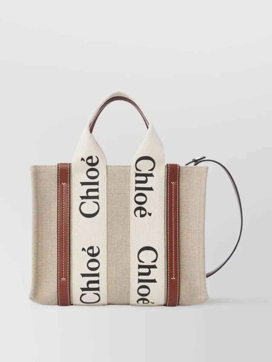 Chloé Woody Small Tote Bag in Beige Linen and Calf Leather