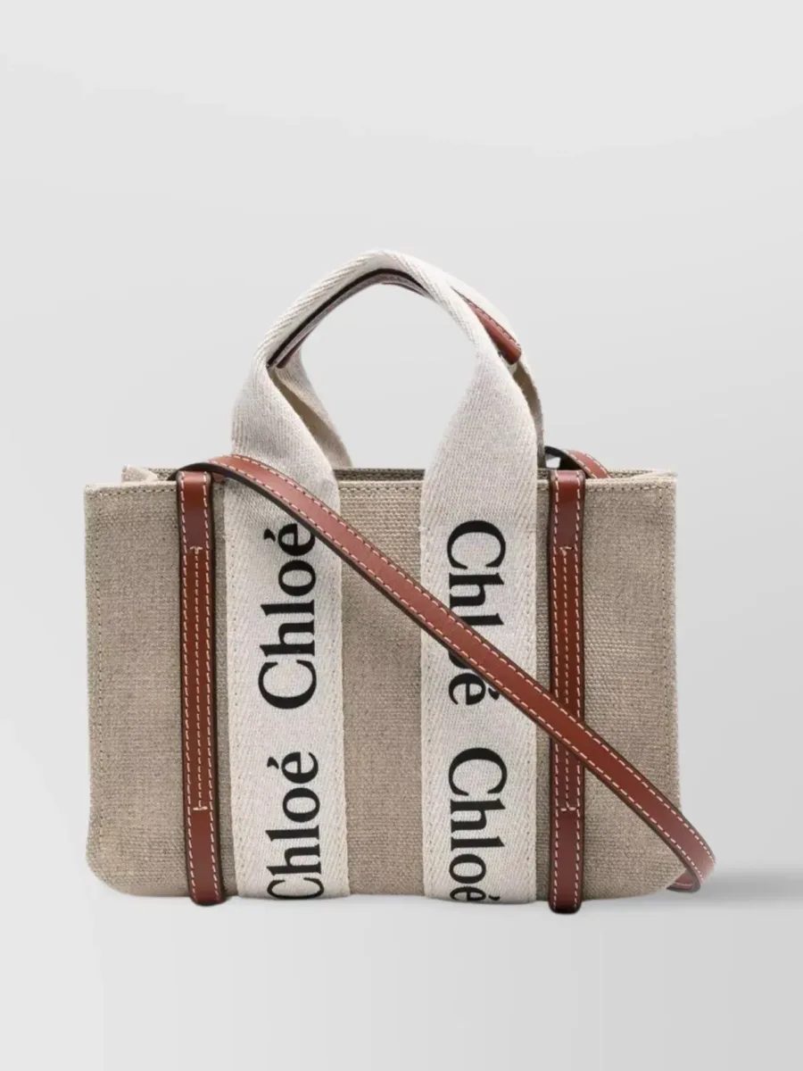 Chloé Woody Mini Tote Bag in Beige Linen with Leather Trim