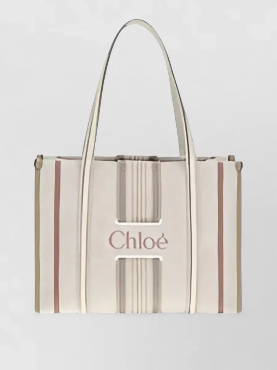 Chloé Woody Small Striped Canvas Bag with Calfskin Trim